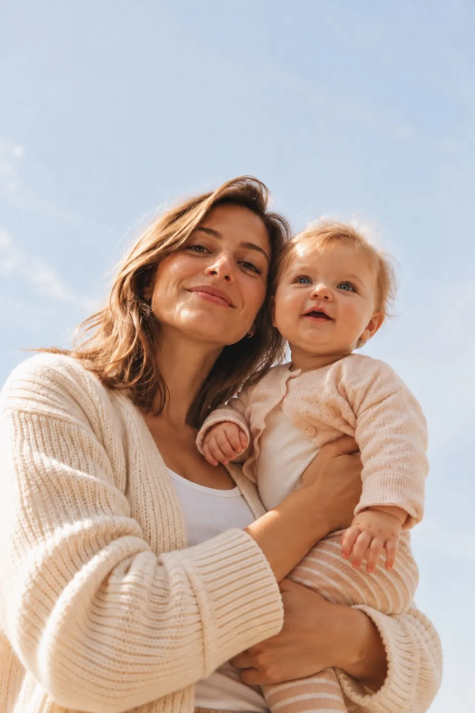 Mutter hält ihr Baby im warmen Tageslicht